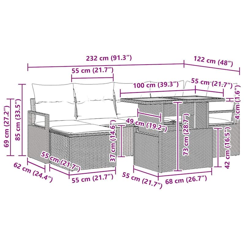 vidaXL 7 Piece Garden Sofa Set with Cushions - 91.3×48×27.2