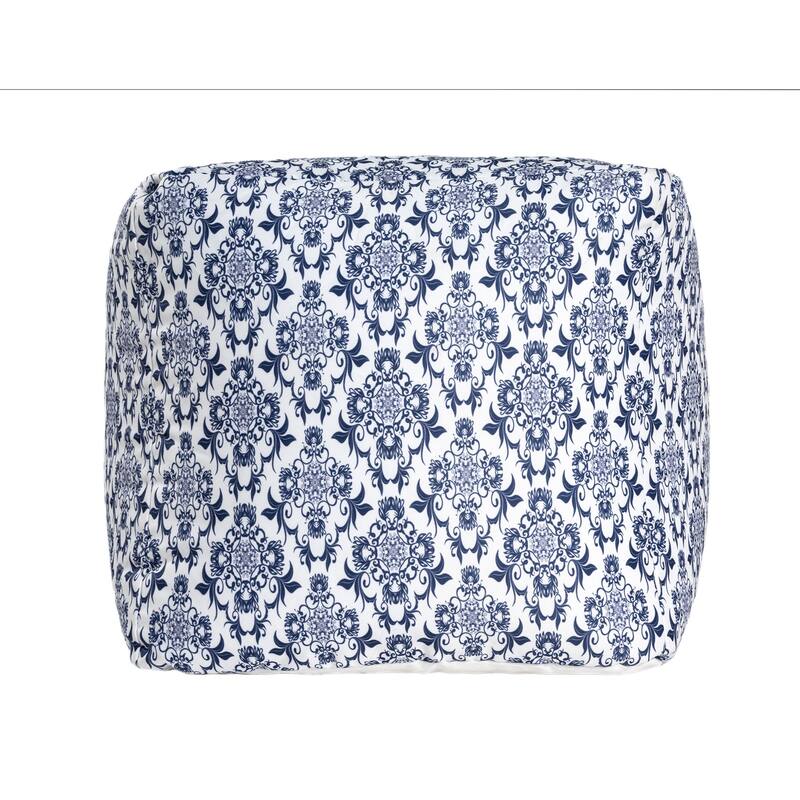 HomeRoots 18" Blue and White Upholstered Floral Pouf Ottoman
