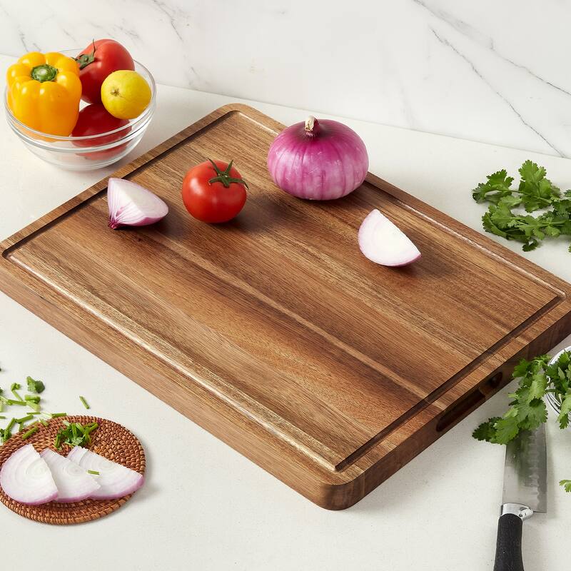 Acacia Wood Chopping Board with Deep Juice Grooves & Side Handles