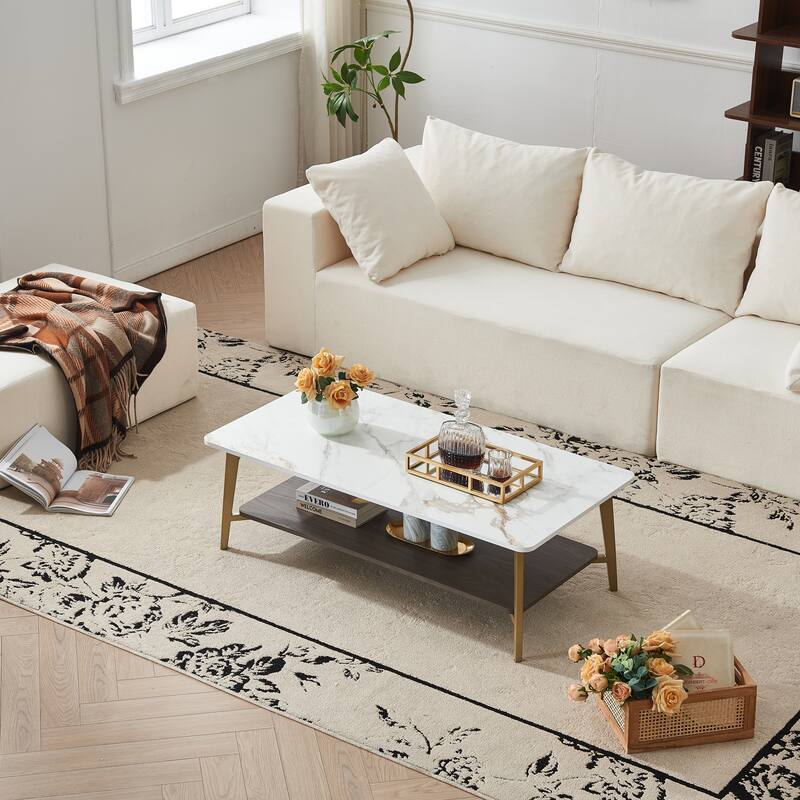 Coffee Table Rectangular Center Table, Side Table with Metal Frame and Shelf - Golden+White