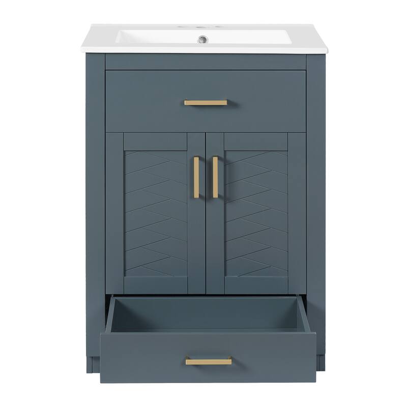 Floor Standing 24" Bathroom Vanity for Small and Medium Restroom, Integrated Ceramic Sink Bathroom Storage Cabinet