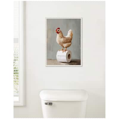 Kate and Laurel Sylvie Chicken Standing with Toilet Paper Rolls Bathroom Art Framed Canvas by The Creative Bunch Studio