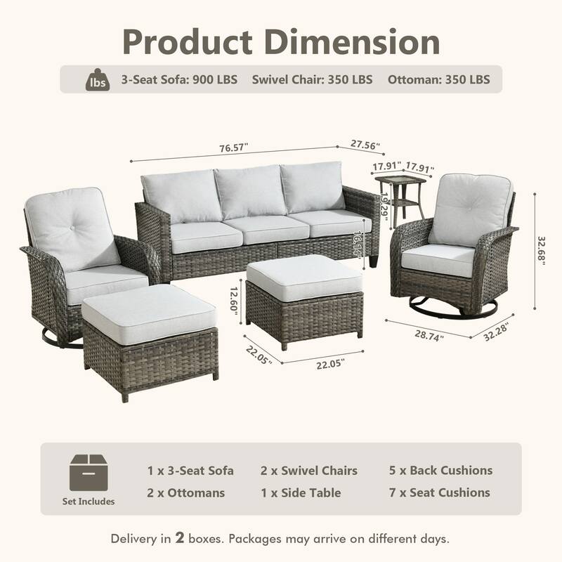 HOOOWOOO 6-piece Grey Wicker Outdoor Swivel Rocking Chair Set for Patio