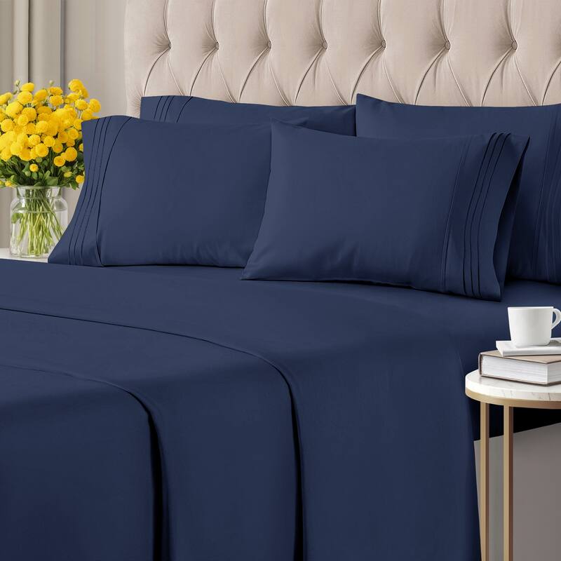 CGK Linens 6 Piece Solid Deep Pockets Microfiber, Easy-Fit Bed Sheet Set - Queen - Navy Blue