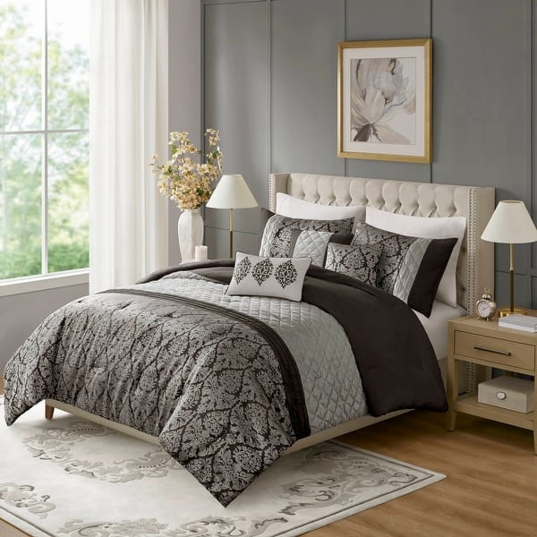7-Piece Jacquard Bedding Ensemble Copper Brown Woven Paisley Comforter Set