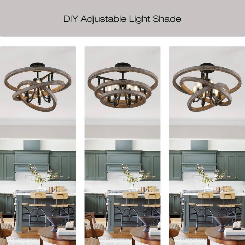CurveCurio 20" Weathered Wood and Brushed Matte Black DIY Chandelier with Adjustable Shade for Dining Room and Foyer Décor