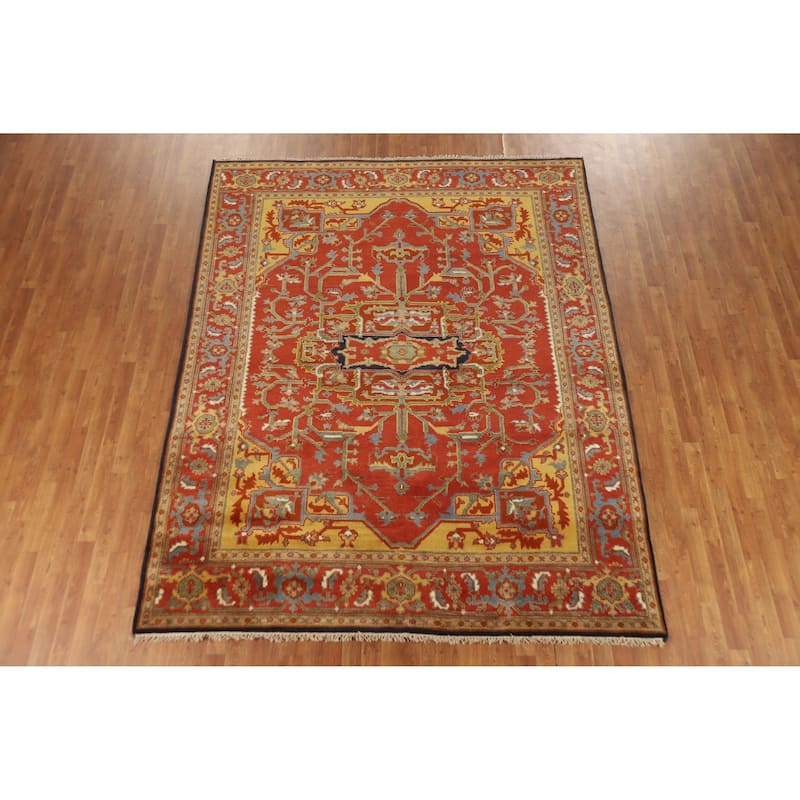 Hand Knotted Oriental 100% Wool Carpet Traditional Medallion Oranges & Rust Heriz (serapi) Area Rug - 9' 9'' X 7' 9''