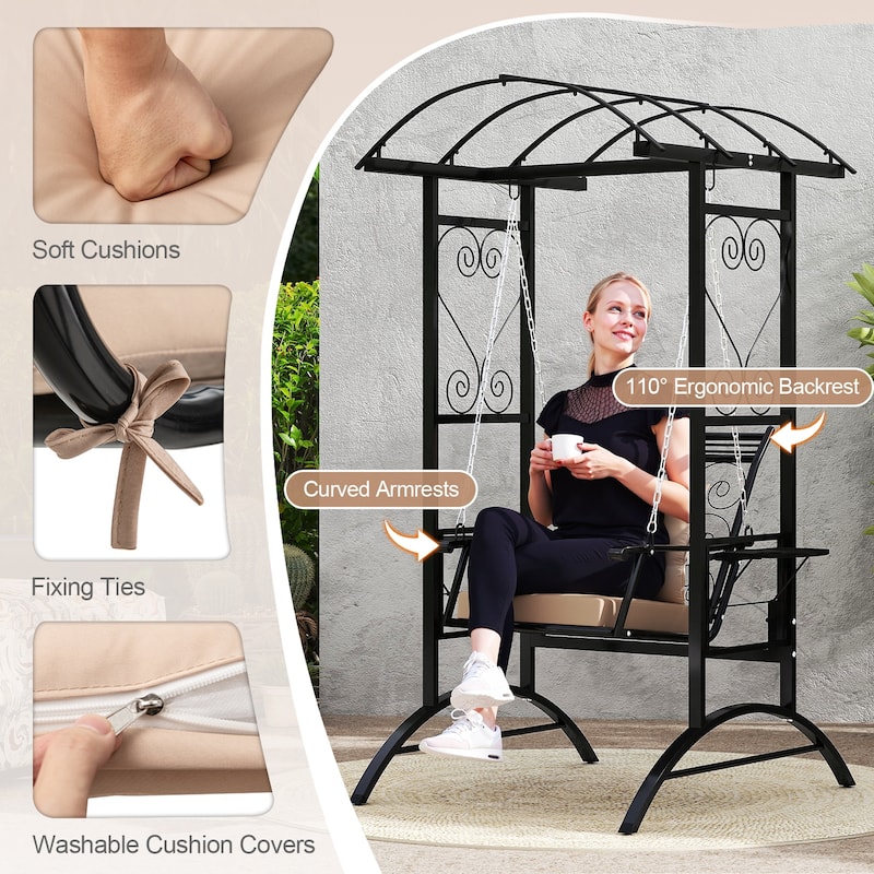 Gymax Outdoor Porch Swing w/Stand & 2 Trellises Removable Cushions for