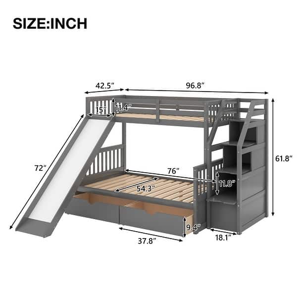 dimension image slide 1 of 2, Twin over Full Bunk Bed with Slide, Drawers, Storage Grids & Guardrails, Space-Saving Design, Interchangeable Ladder, Grey