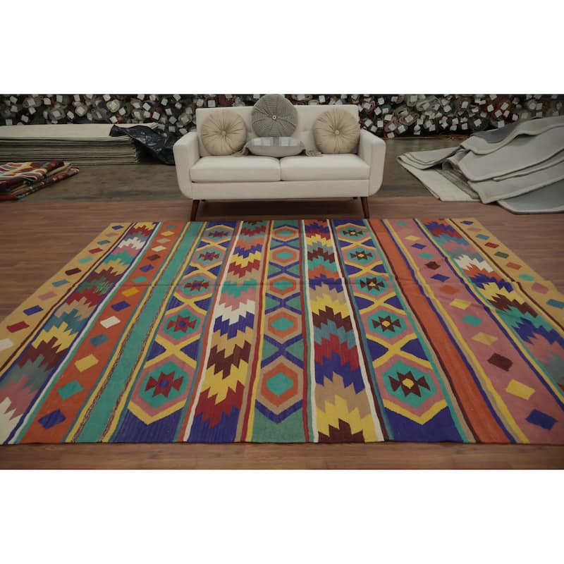 Hand Woven Oriental 100% Wool Carpet Southwestern Tribal Multi-Colored Kilim Area Rug - 9' 10'' X 8' 2''