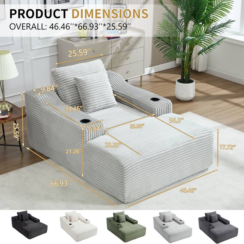 Roomfitters 67" Oversized Chaise Lounge, Corduroy Boneless Sleeper Sofa with Integrated Cup Holders