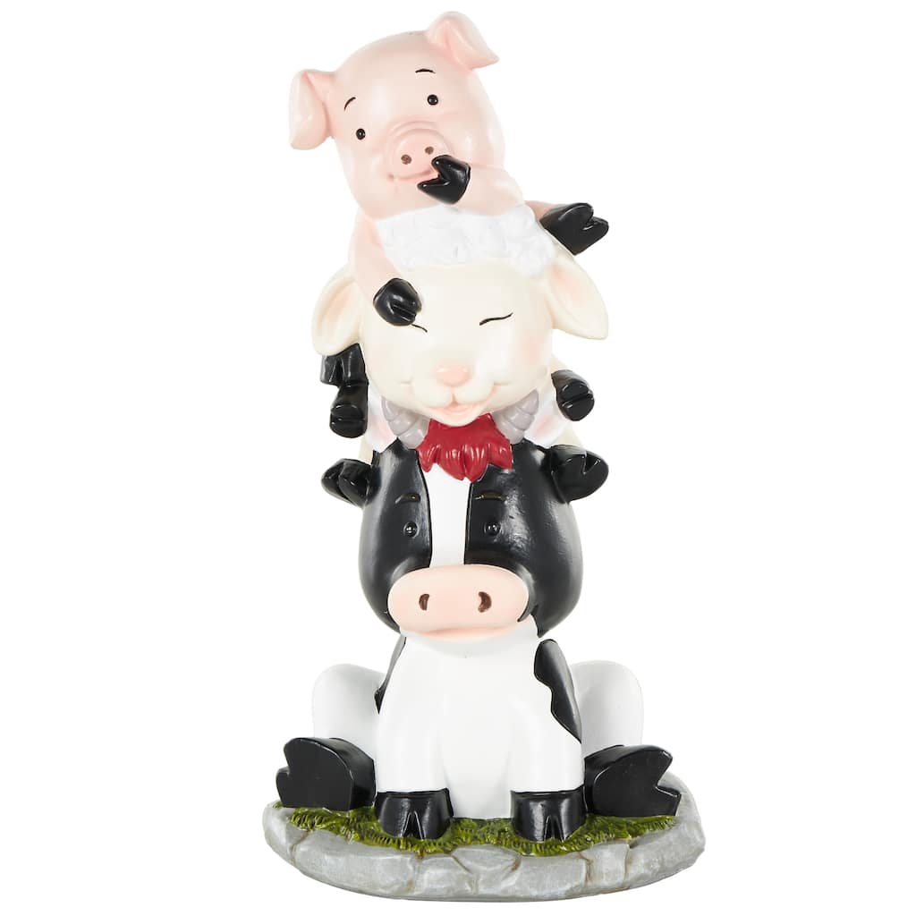 Multi Colored Polystone Stacked Farm Animals Decorative Sculpture with Gray and Green Accents