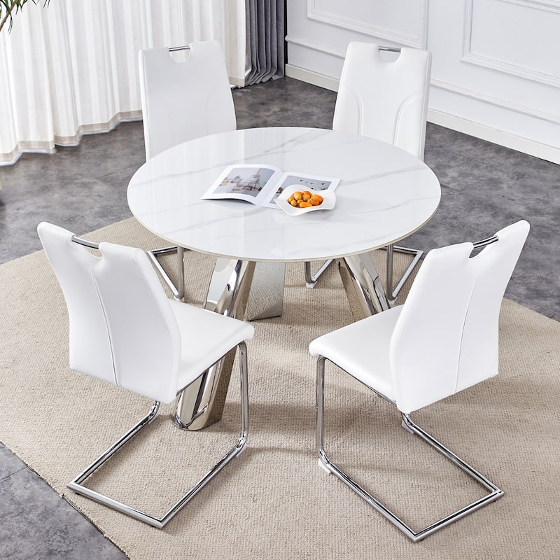 42" Sintered Stone Dining Set,4 PU Upholstered Chairs Modern Luxury Round Table - White