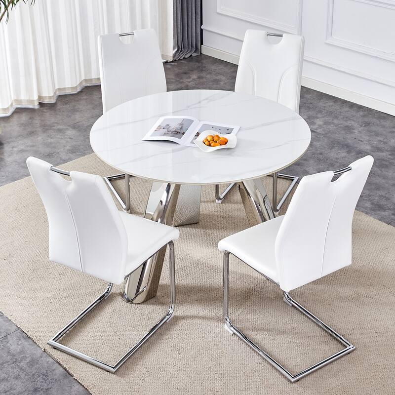 42" Sintered Stone Dining Set Brushed Silver Steel Base 4 PU Upholstered Chairs Modern Luxury Round Table - White
