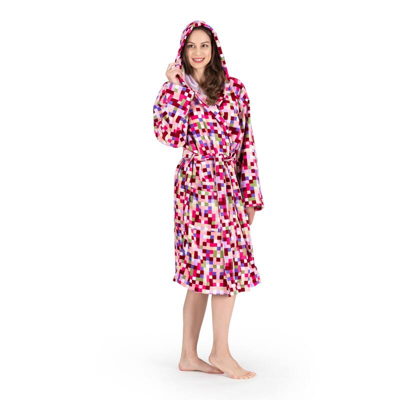 Classic Turkish Towels Multicolor Square Printed Hooded Velour with Terry Lining SPA Bath Robe
