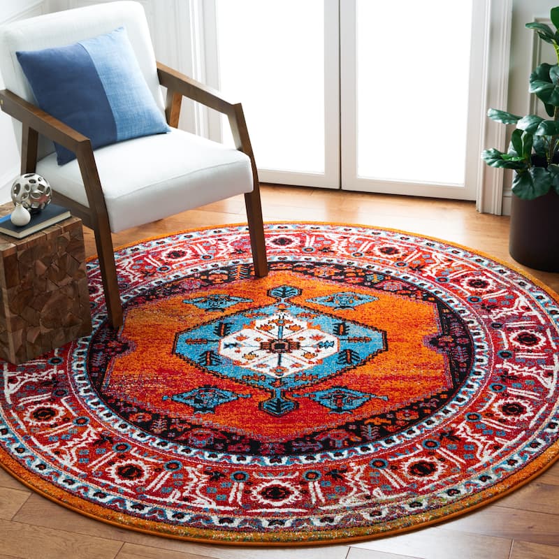 SAFAVIEH Vintage Hamadan Nunuta Oriental Medallion Rug - 6'7" Round - Red/Blue