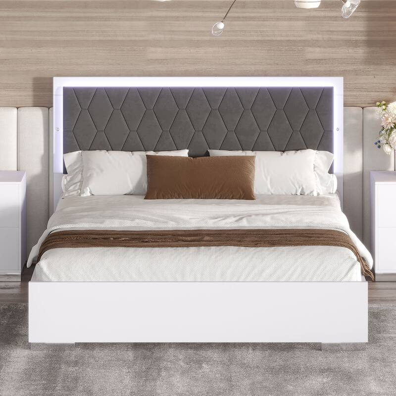 Queen Size Velvet Upholstered Platform Bed Frame with LED Lights and Velvet Headboard for a Modern Bedroom Furniture
