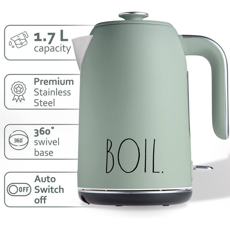Rae Dunn Electric Hot Water Kettle - Stainless Steel, Swivel Base-Dry Protection, Easy Pour Pitcher, 1.7 Liters