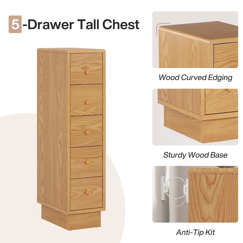 Tall Dresser with 5 Drawers, Wood Slim Storage Drawer Organizer, Oak