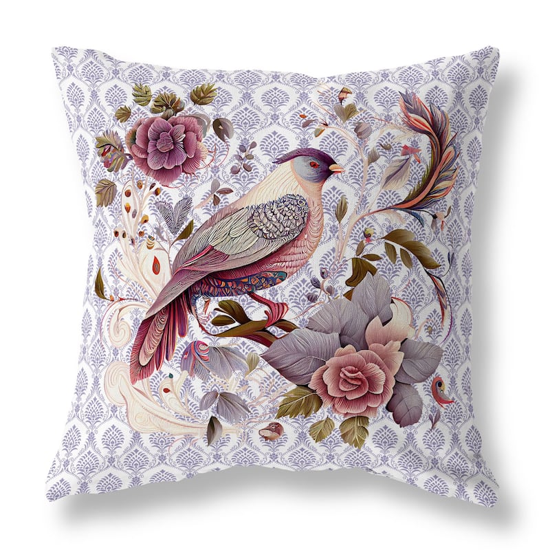 Grey And Pink Songbird Rose Radiance Indoor/Outdoor Throw Pillow Zipper