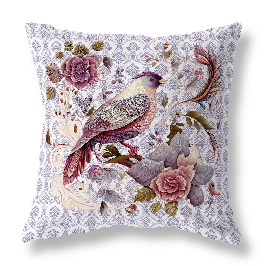 Grey And Pink Songbird Rose Radiance Indoor/Outdoor Throw Pillow Zipper
