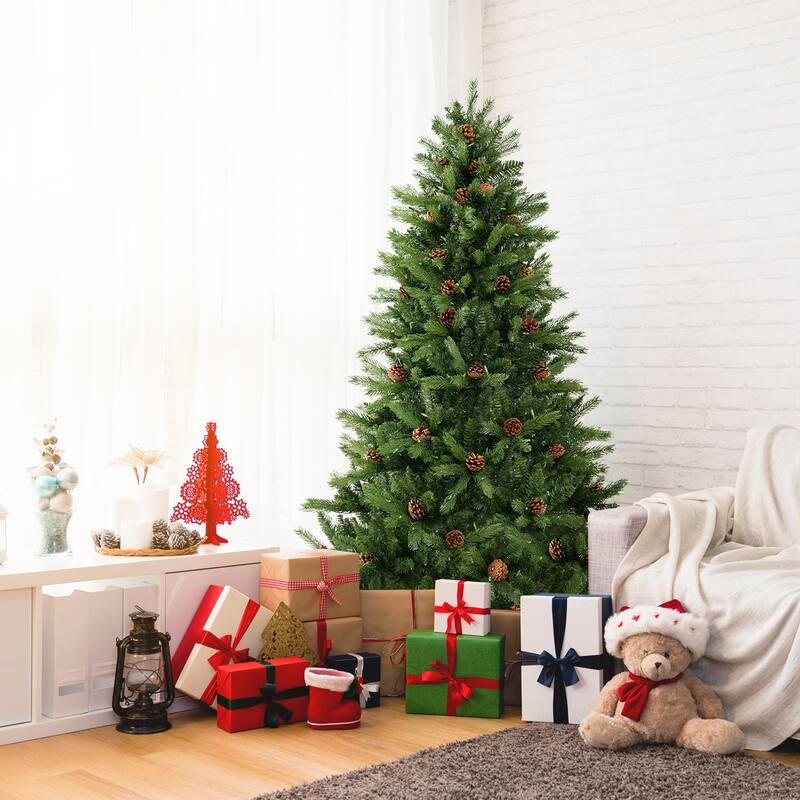 6 FT Artificial Christmas Tree with Pine Cones and Adjustable Brightness