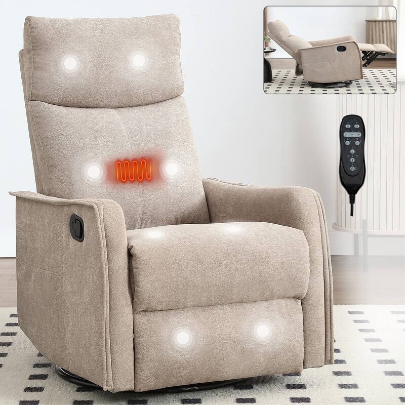 Heat Massage Manual Recliner Chair with 360° Swivel and Rocker Function - khaki