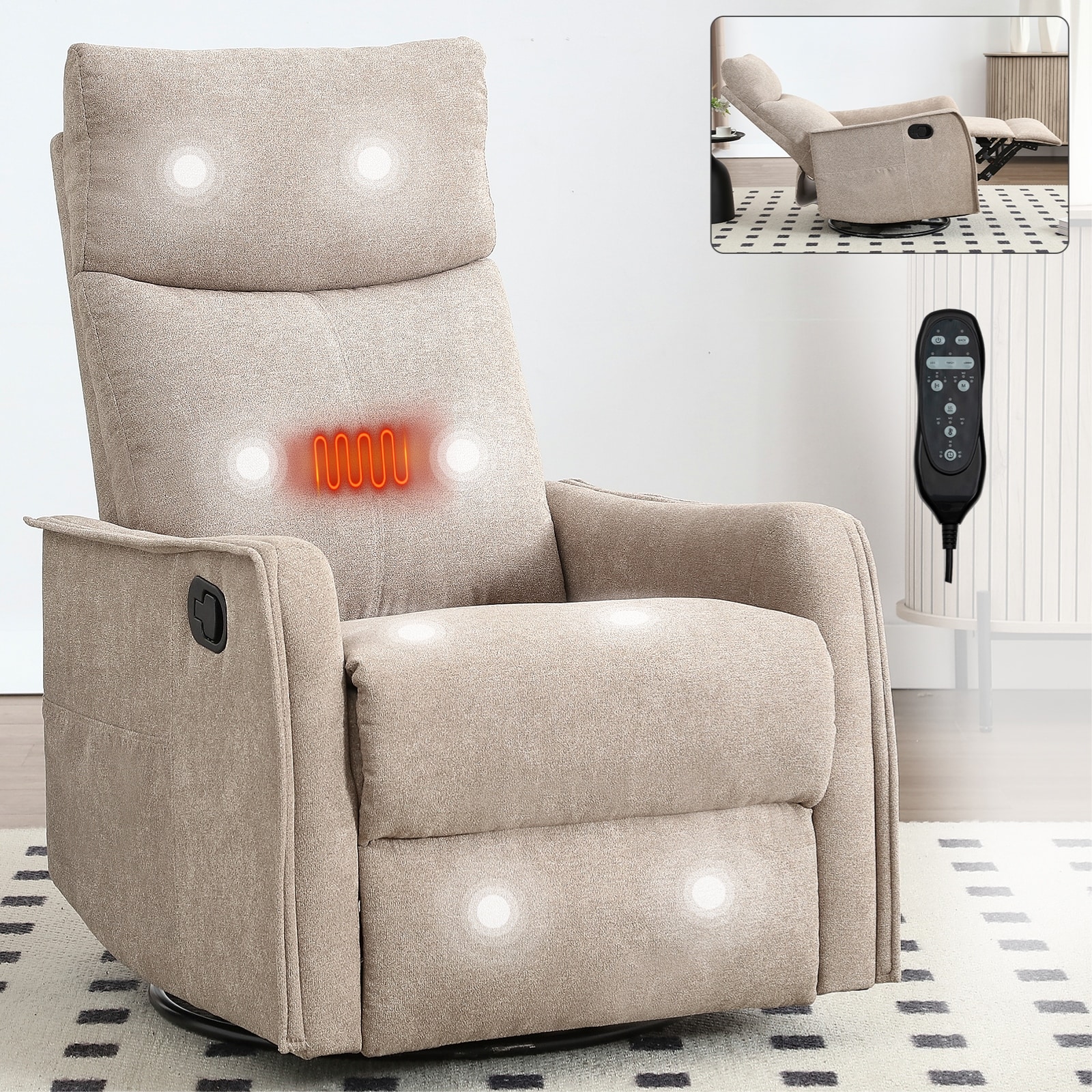 Heat Massage Manual Recliner Chair with Rocker and Swivel in Fabric for Living Room