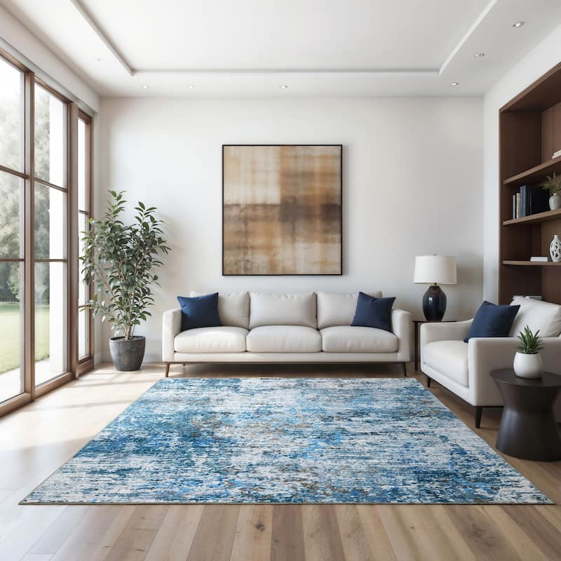 Vista Home Sunderland Icy Abstract Washable Blue/Ivory Area Rug Mat - 3' 6" x 5' 6" - Rectangle