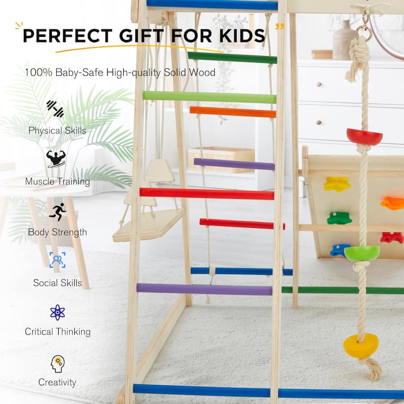 EROMMY 8-in-1 Wooden Climbing Gym for Kids - Indoor Playground Set with Slide, Monkey Bars, Climbing Wall, Wood & Rope Ladder