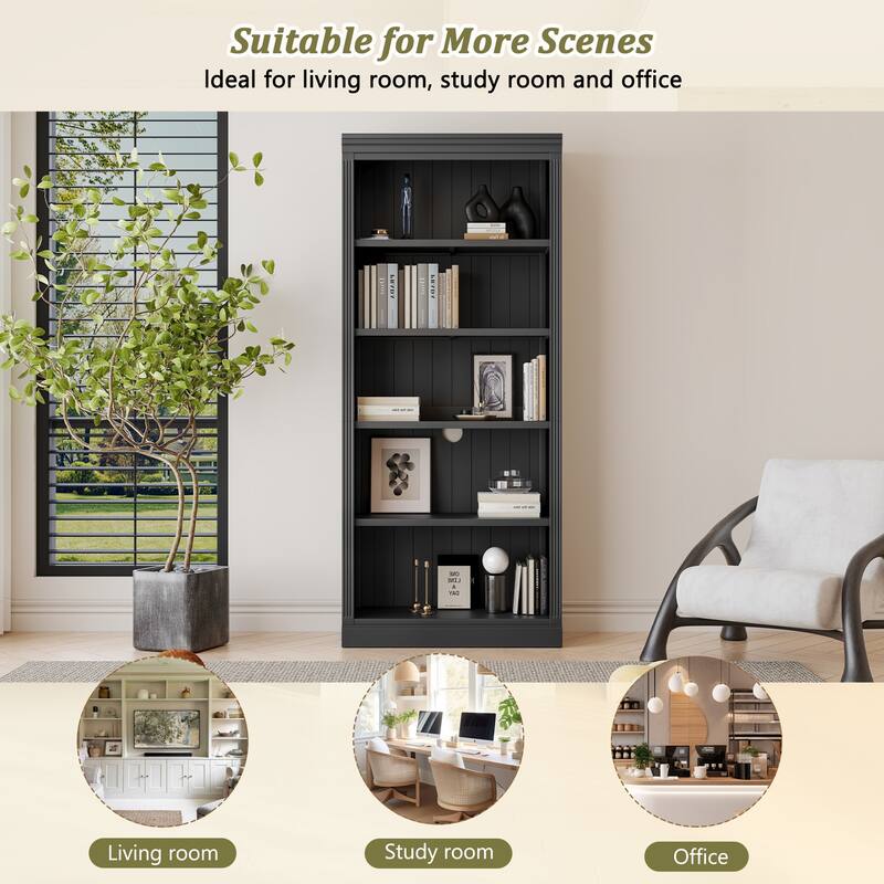 83.4" Tall Wood Bookcase with LED Light Strip - 5-Tier Adjustable Shelves, Free-Standing Storage Organizer for Living Room