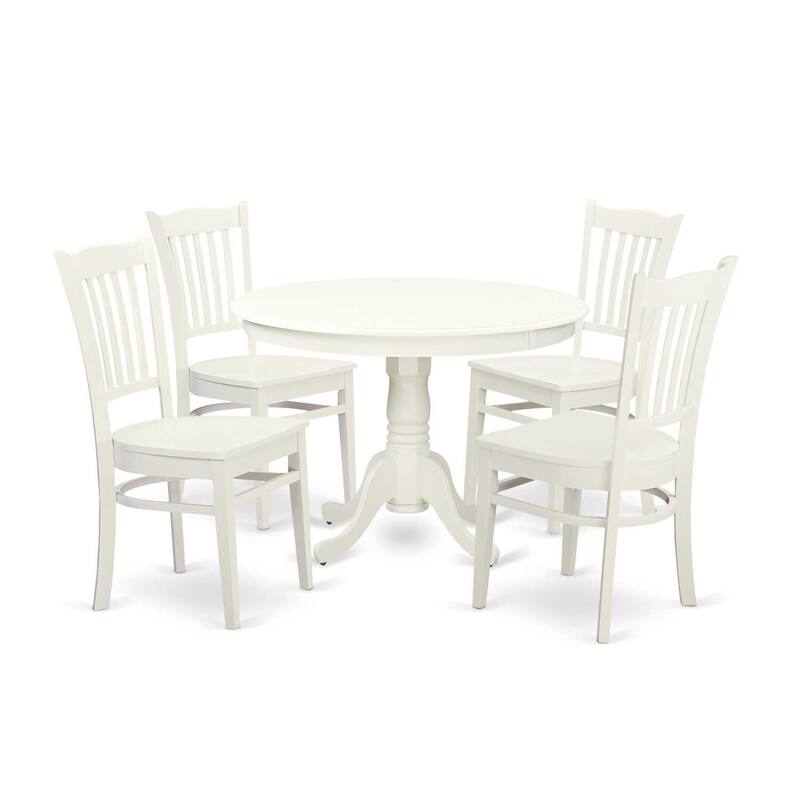 HomeStock 5-Pc Round Linen White Finish Solid Wood Top Dining table with 4 Chairs