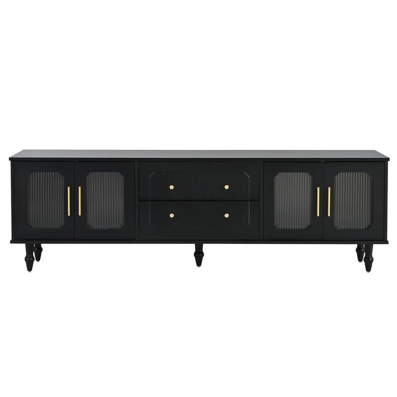 Retro Design TV Stand, for TVs Up to 78'' with Arch Fluted Glass Doors 2 Drawers and Cabinets, for Living Rooms, Black