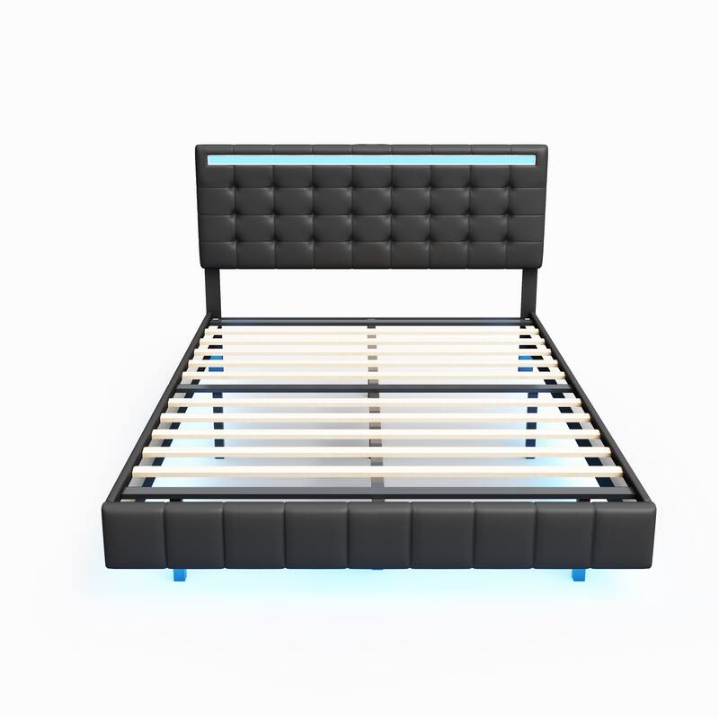 Queen Size Floating Bed Frame with LED Lights and USB Charging,Modern