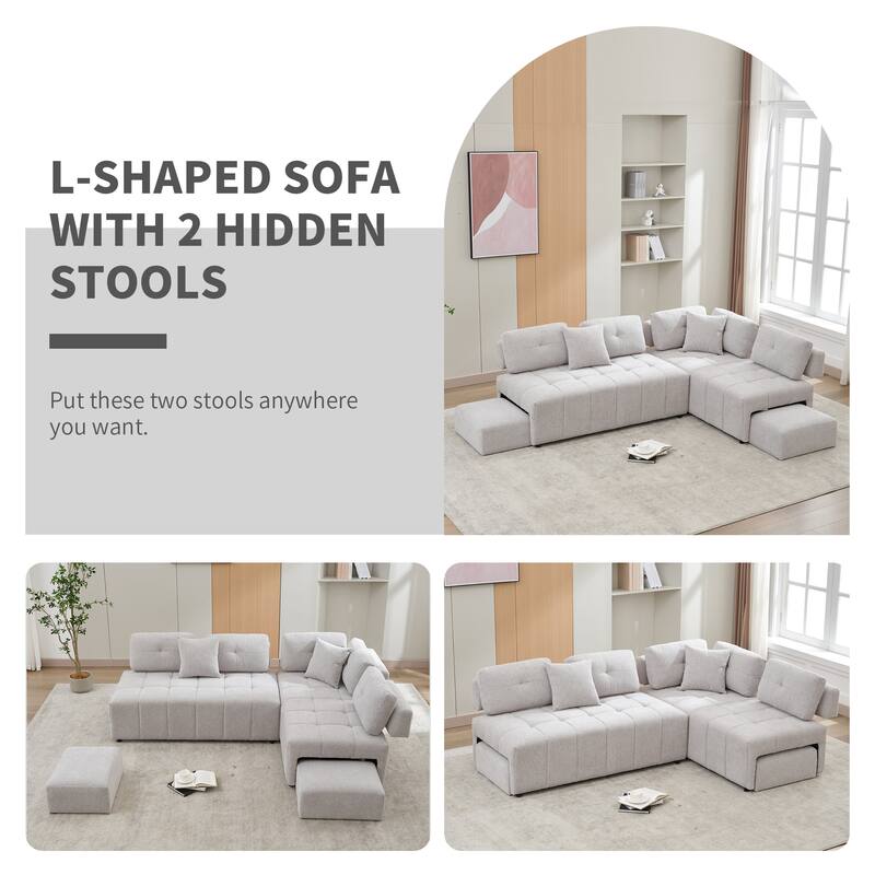 91.73" L-Shaped 4-Seat Sectional Sofa with 2 Hidden Stools, 2 Removable Lumbar Cushions, and Durable Chenille Fabric