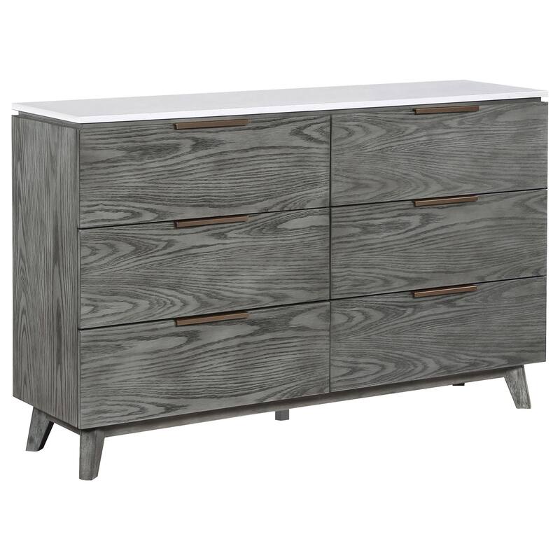 Tira 63 Inch Wide Dresser, 6 Drawers with Handles, White Marble Top, Gray