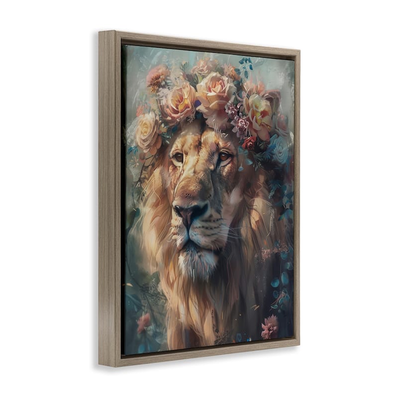 Stupell Lion with Rose Garland Framed Floater Canvas Wall Art Design By Arlington Prints