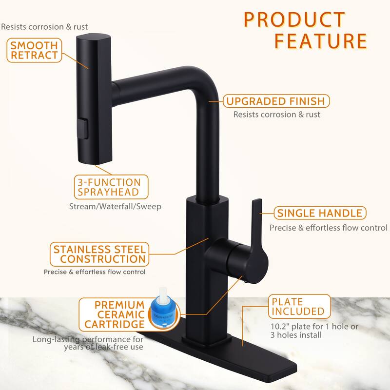 WOWOW Single Handle Pull Out Sprayer Kitchen Faucet with 3-Mode Advanced Spray