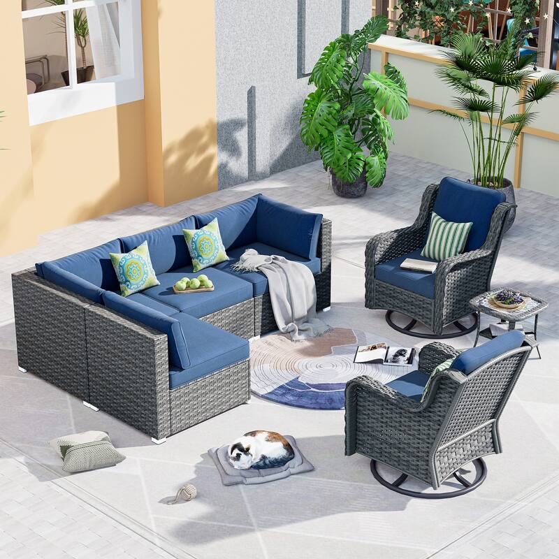 OVIOS 7-piece Rattan Wicker Patio Furniture Set Swivel Rocking Chair Set - Denim Blue
