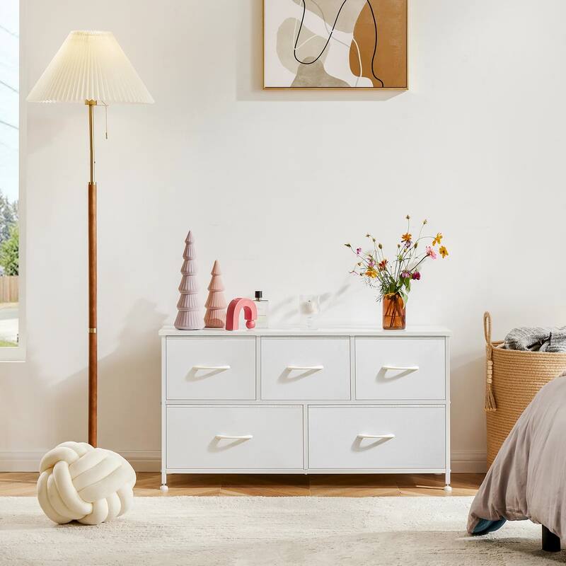 Dresser for Bedroom with 5 Fabric Drawers, Tall Chest Organizer Units for Clothing, Closet, Kidsroom, Storage Tower with Cabinet