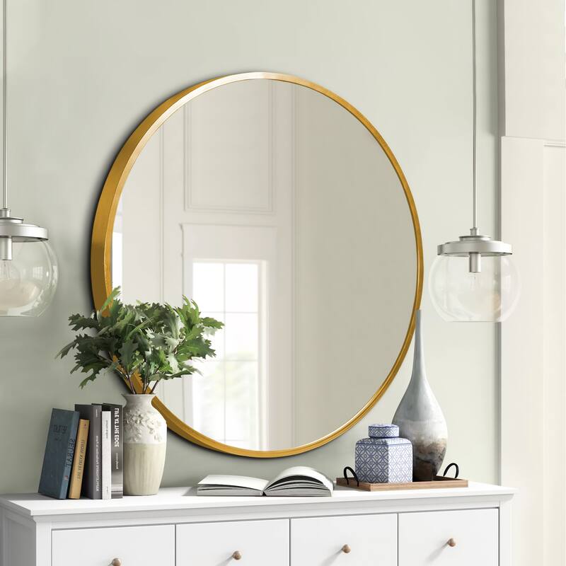 Wall Round Mirror 30'' Modern Brushed Metal Frame Wall-Mounted