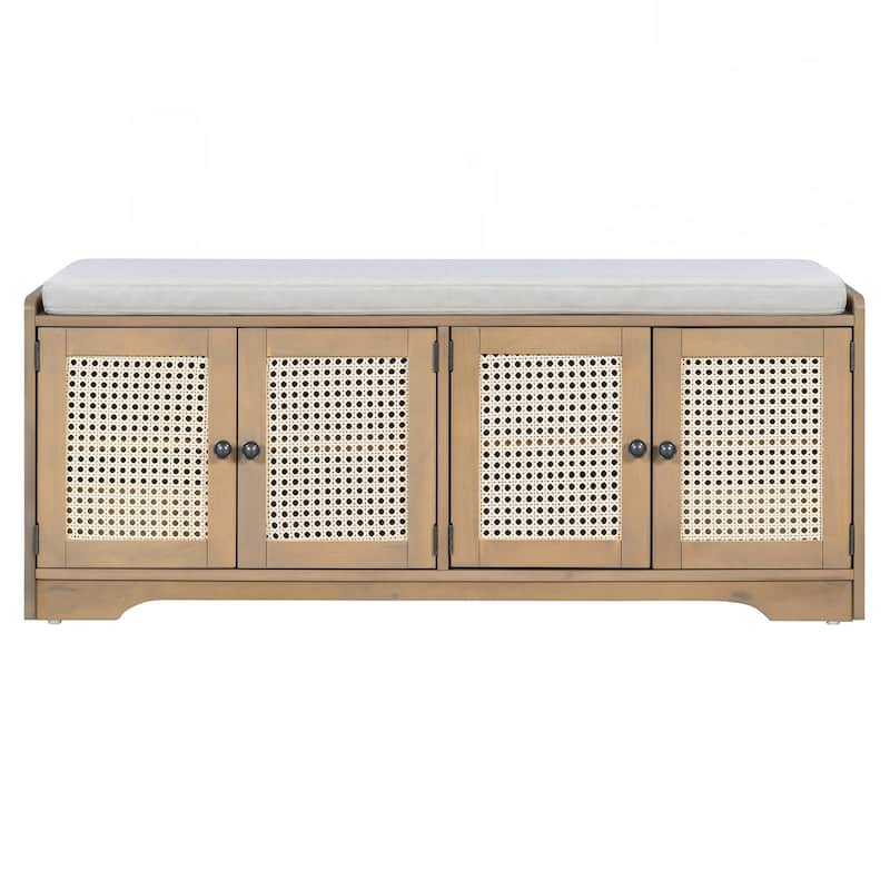 Rustic Storage Bench Multifunctional Wood Entryway Shoe Bench with Removable Cushion, Woven Rattan Doors & Adjustable Shelves