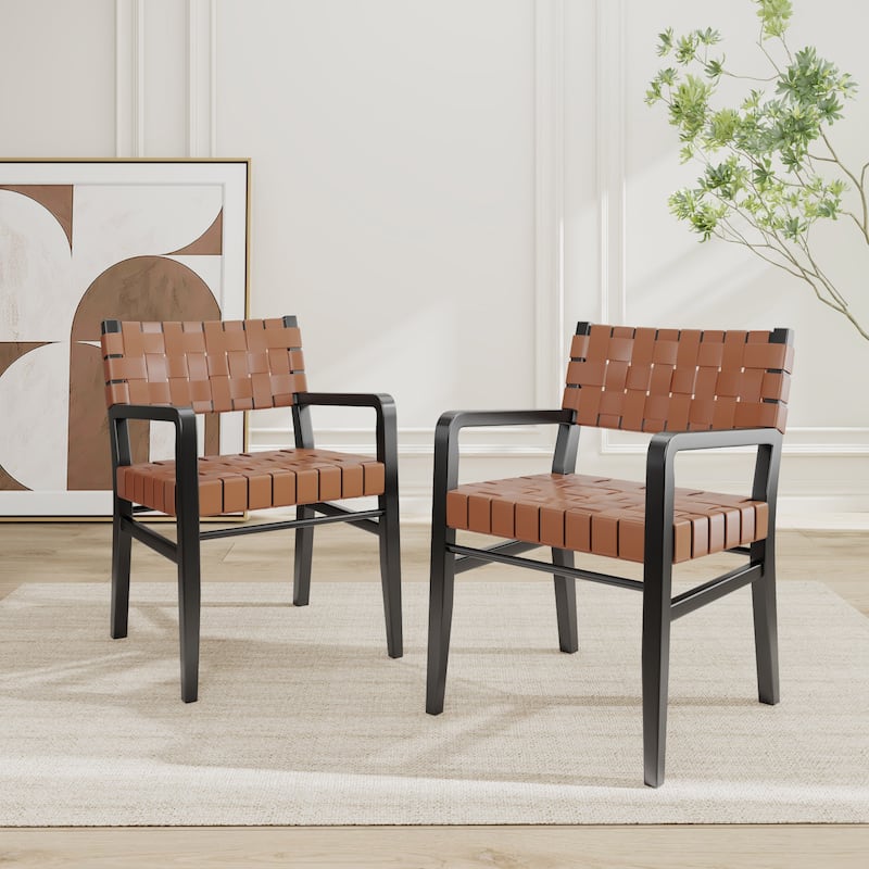 Prosen Morden Woven Leather Rubberwood Dining Chairs With Arms (Set of 2) by Christopher Knight Home - Black+Brown