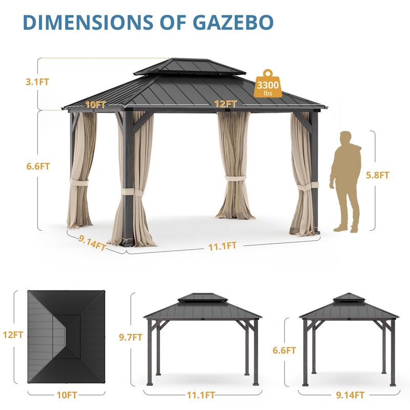 Outdoor Hardtop 12 x 14 Pergola Steel Double Roof Gazebo with Curtains For Patio, Backyard, or garden