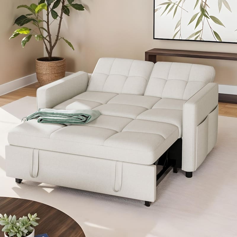 3-in-1 Sleeper Sofa with Iron Frame Pull-Out Bed, Linen Futon Couch with Reclining Backrest and Side Pocket - Beige