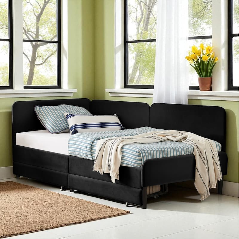 Twin Size Upholstered Platform Sofa Bed with Velvet Cushions and 2 Storage Drawers, Convertible Daybed Frame