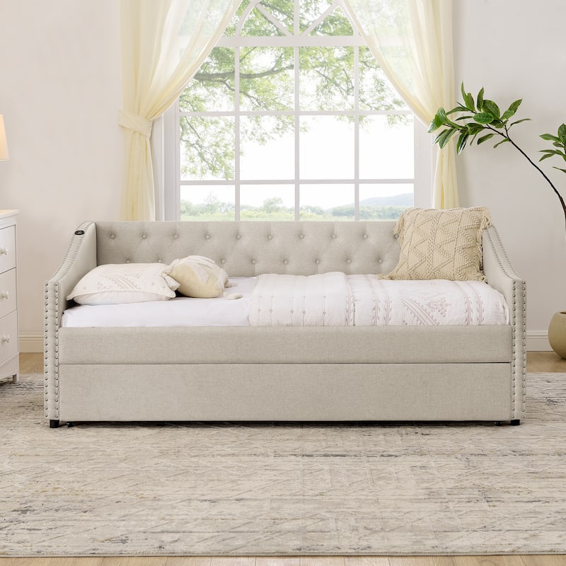 Twin Size Daybed with Pull Out Bed Trundle, Upholstered Button-Tufted Backrest Sofa Bed with Nailhead Trim & USB Charging Ports - Beige - Twin