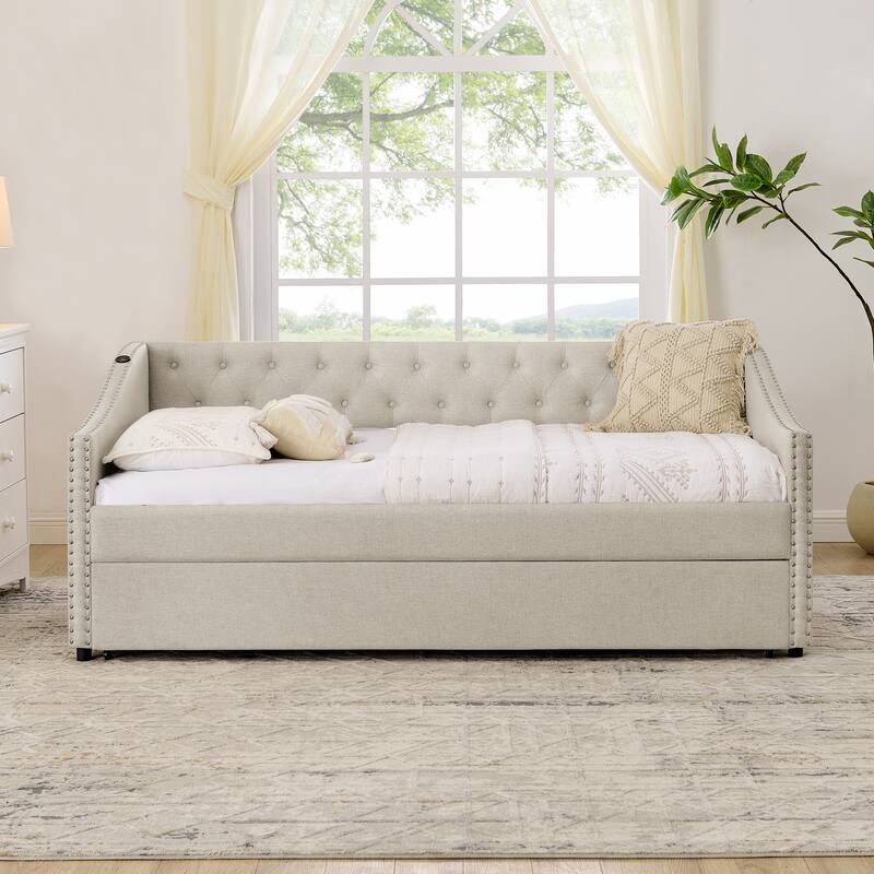 Twin Size Extendable Daybed with Pull-Out Bed, USB Charging Ports, Button Tufted Back & Nailhead Trim