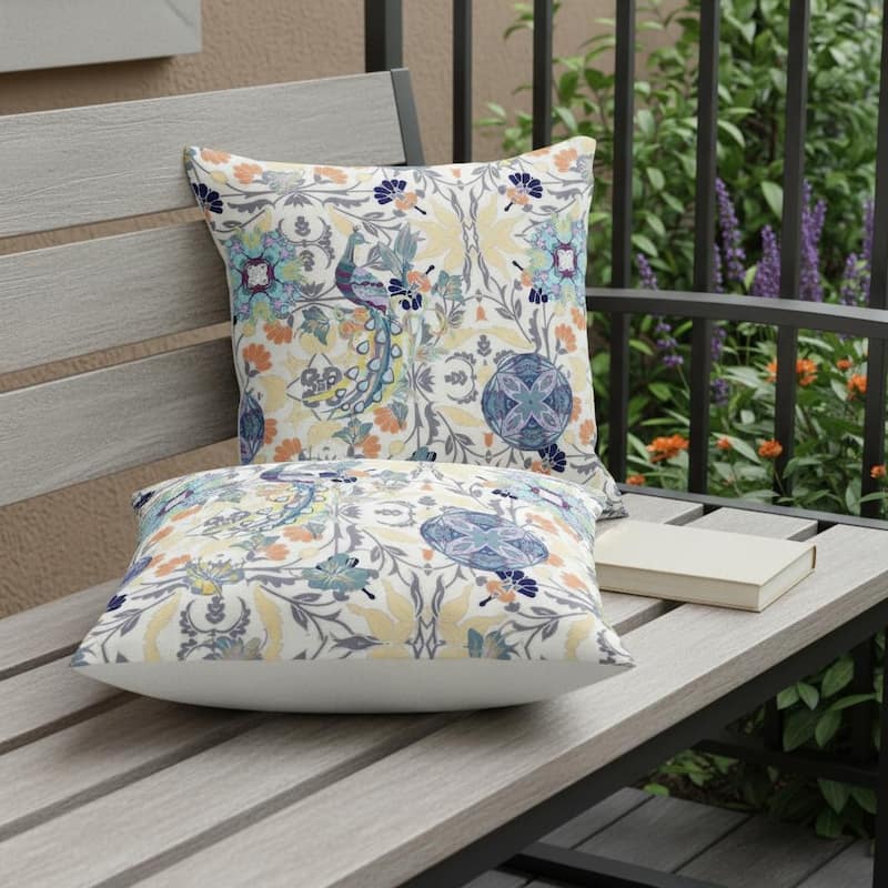 HomeRoots Set of Two 16" X 16" Yellow and White Peacock Blown Seam Eclectic Indoor Outdoor Throw Pillows