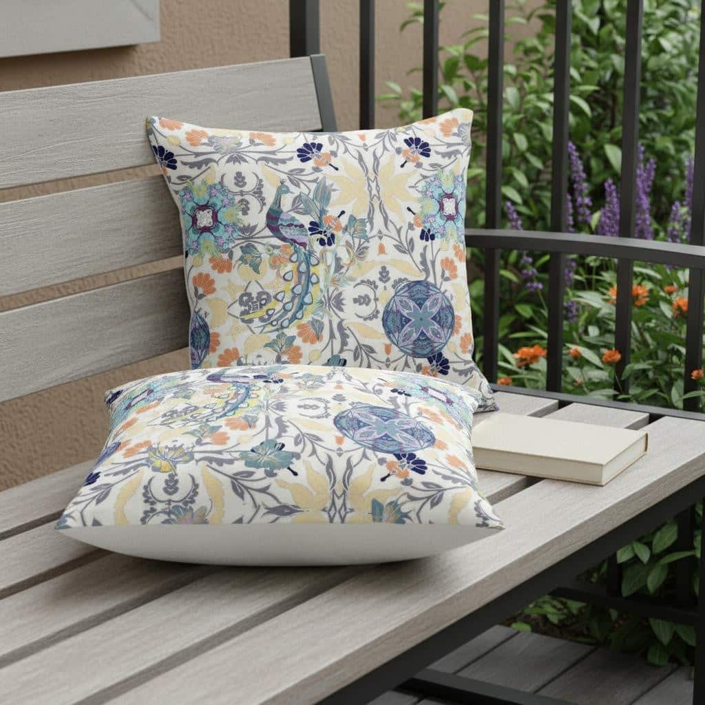 HomeRoots Set of Two 16" X 16" Yellow and White Peacock Blown Seam Eclectic Indoor Outdoor Throw Pillows